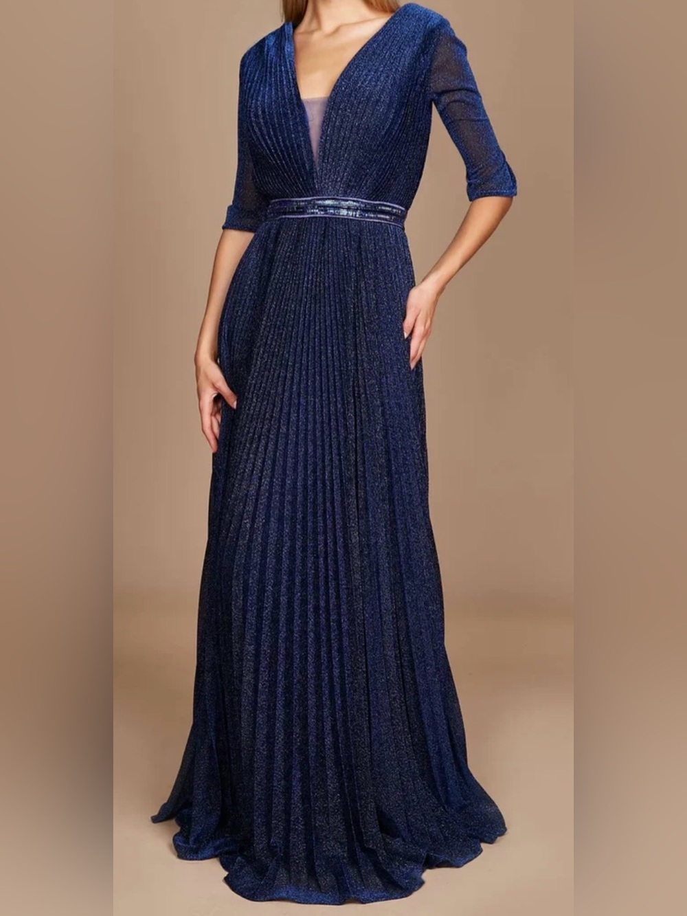 Dylan & Davis Navy Sparkle Pleated V-Neck Evening Gown